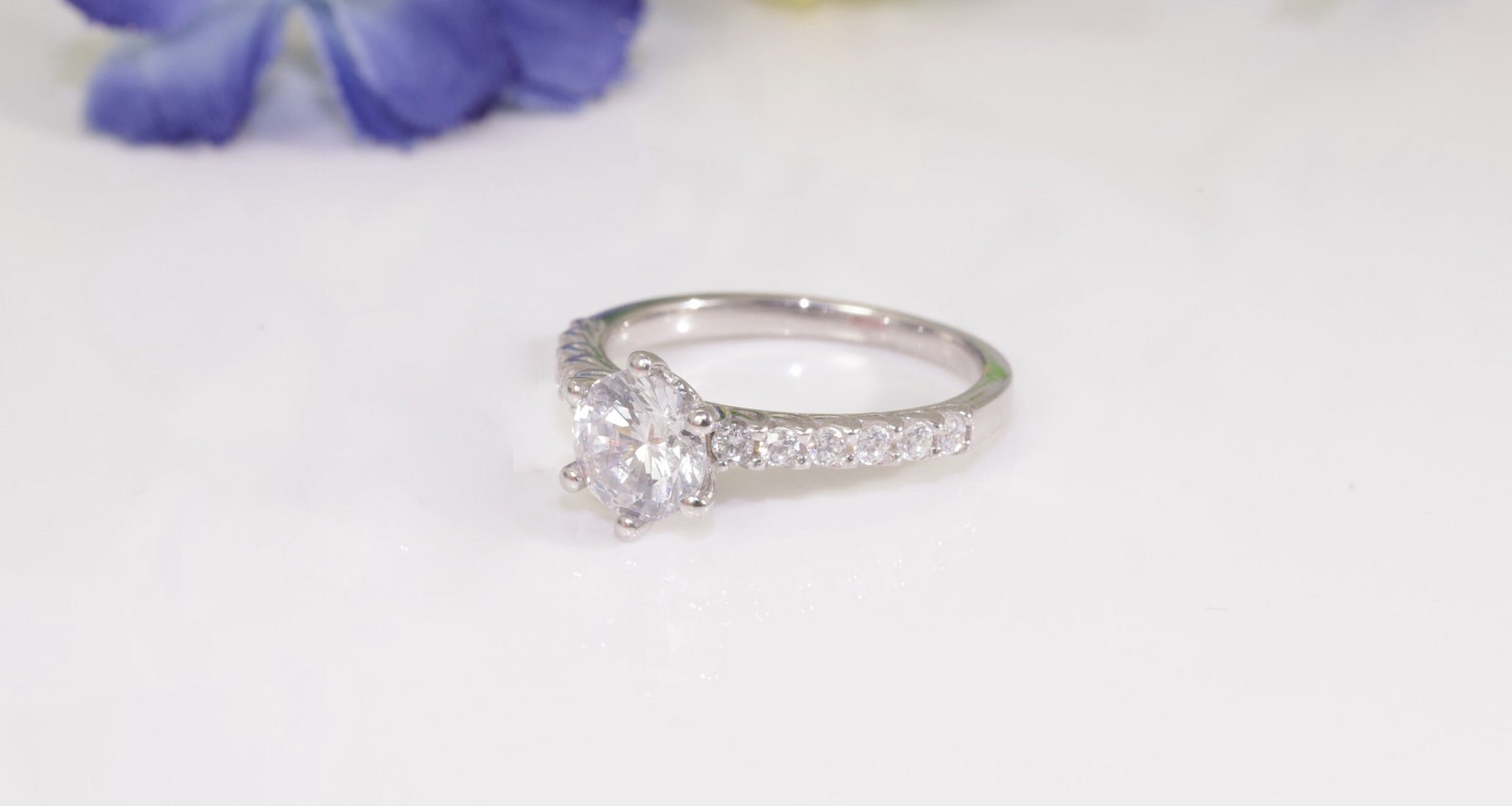 0.50CT Six Prong Diamond Engagement Ring, Bridal Promise Ring, Pave Setting Anniversary Ring Gift for Her